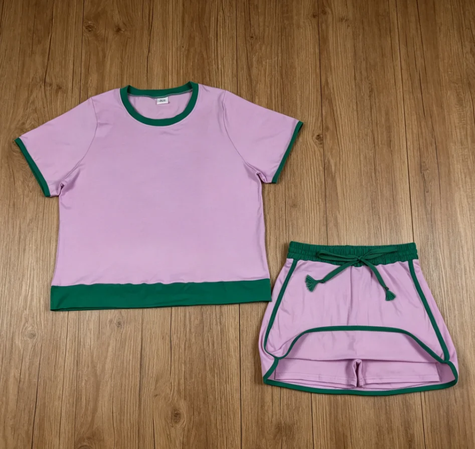 Wholesale Adult Short Sleeves Women Clothing Woman Girl Sets Purple Shirt Skirt Shorts Cotton Outfit Summer Clothes