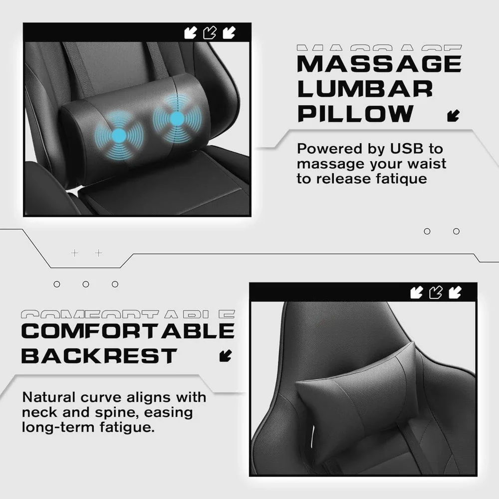 Krzesło biurowe z podnóżkiem i masażem lędźwiowym, krzesło z regulacją wysokości z zagłówkiem i obrotowym siedziskiem, krzesło biurowe