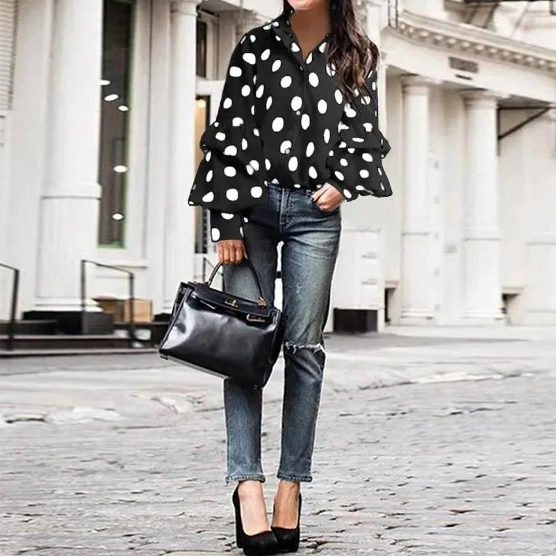 Elegant Autumn Office Lady Shirt Fashion Polo-neck Polka Dot Long Sleeve Blouse Casual Loose Tops Women\'s Clothes Blusas 18308