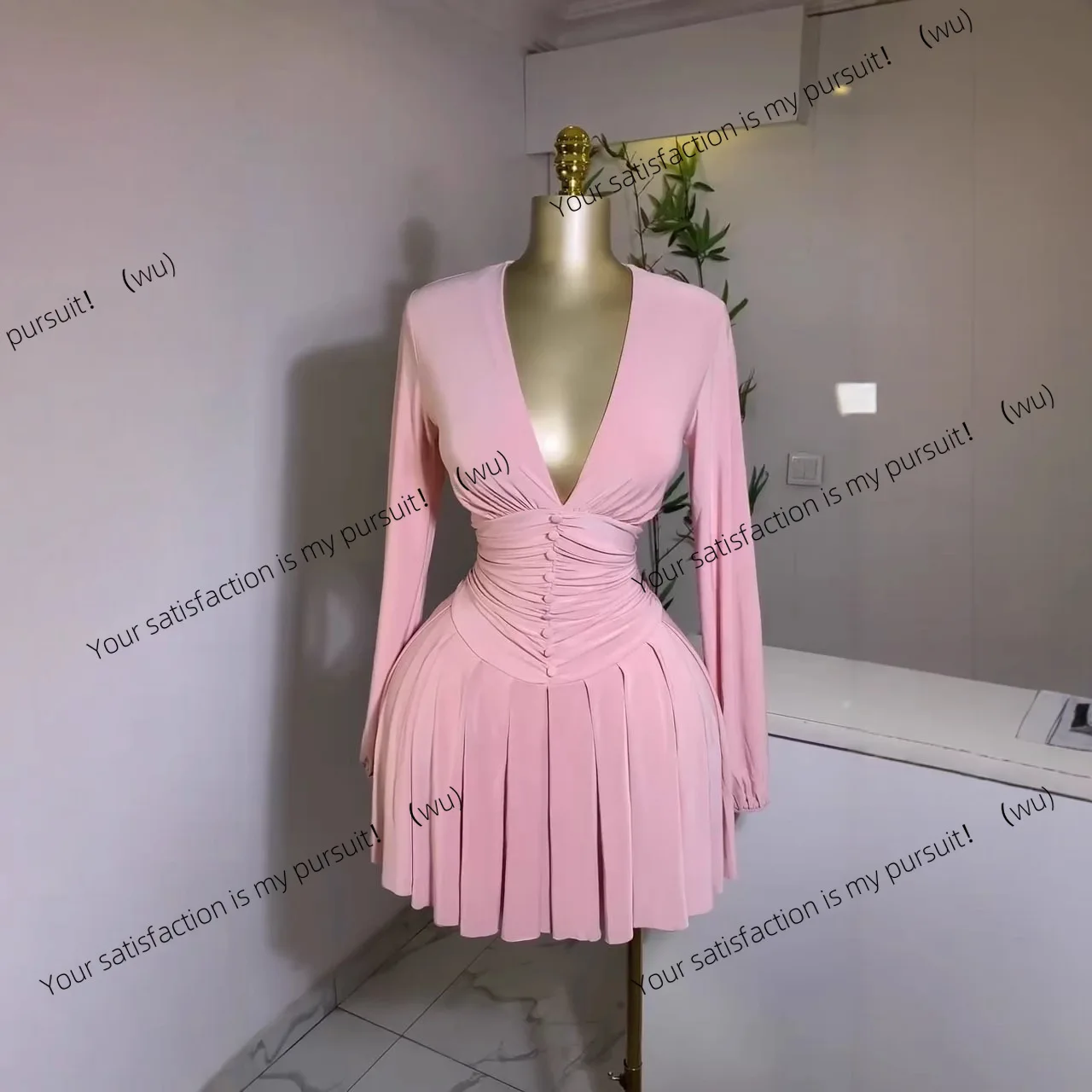 レディースプリーツVネック長袖ワンピース フレンチ風スリムウエスト細見えプリーツショートスカート