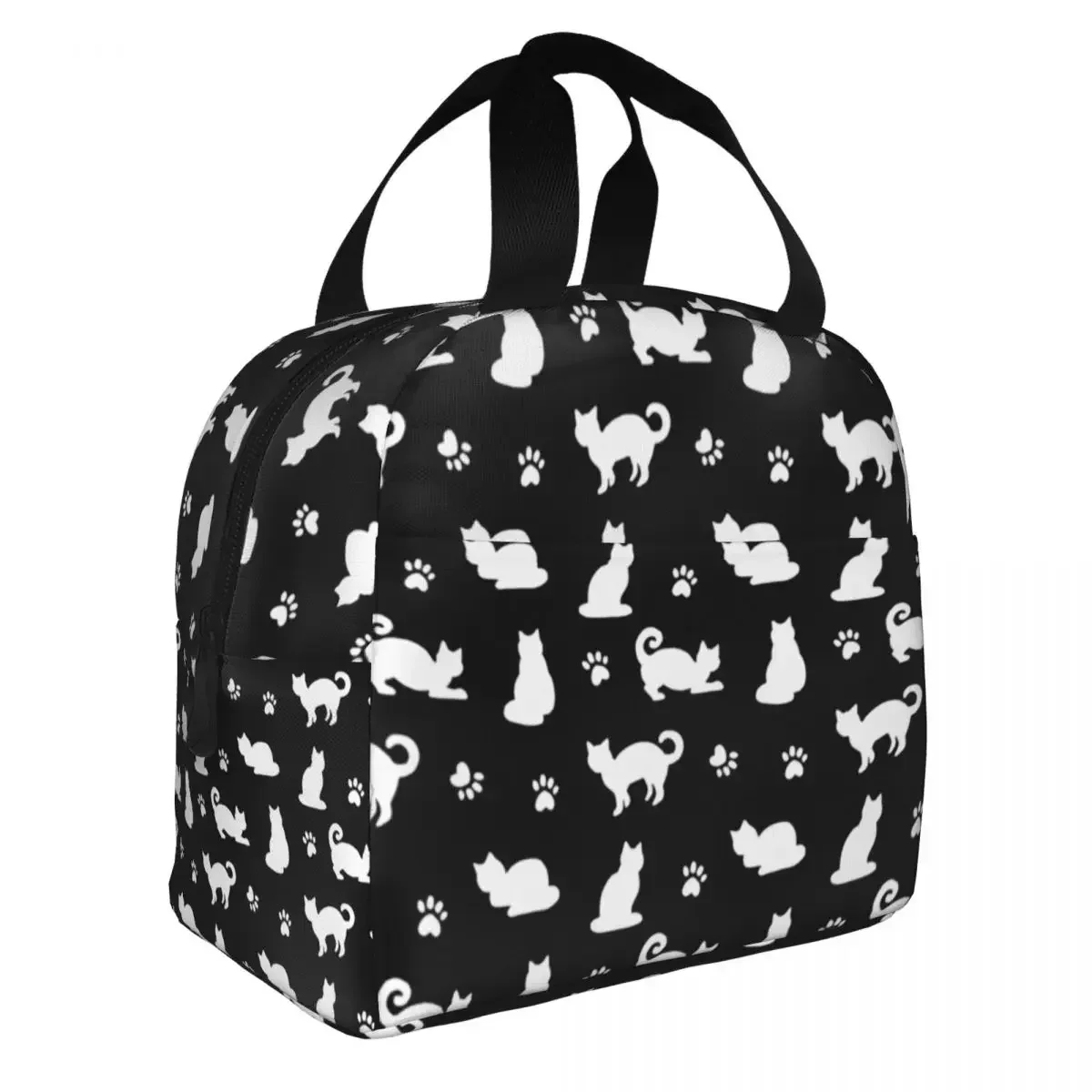 Black And White Cats And Paw Lunch Bag Portable Insulated Oxford Cooler Thermal Picnic Lunch Box for Women Kids