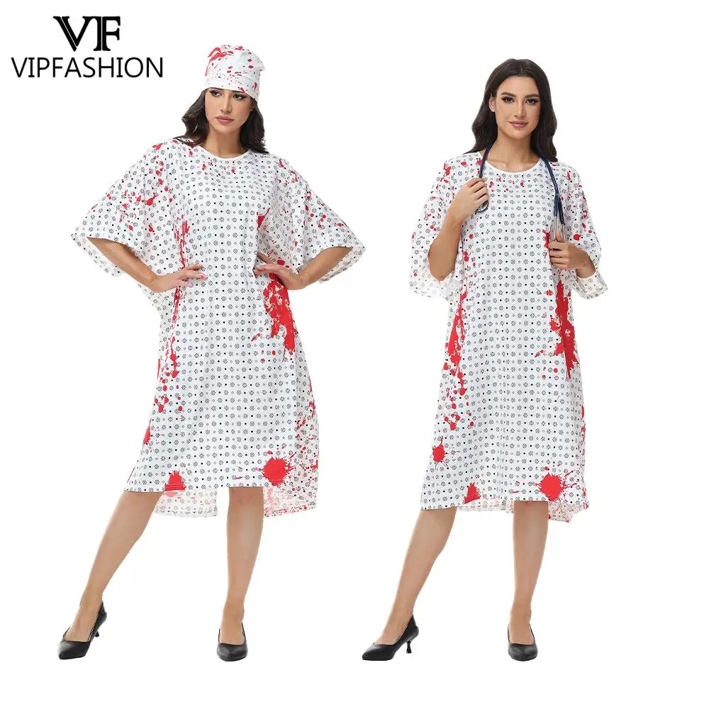 VIP FASHION-Disfraz de médico y enfermera sangriento para adultos, traje de fiesta de Halloween con sombrero, delantal de manga corta, traje para actuación en escenario
