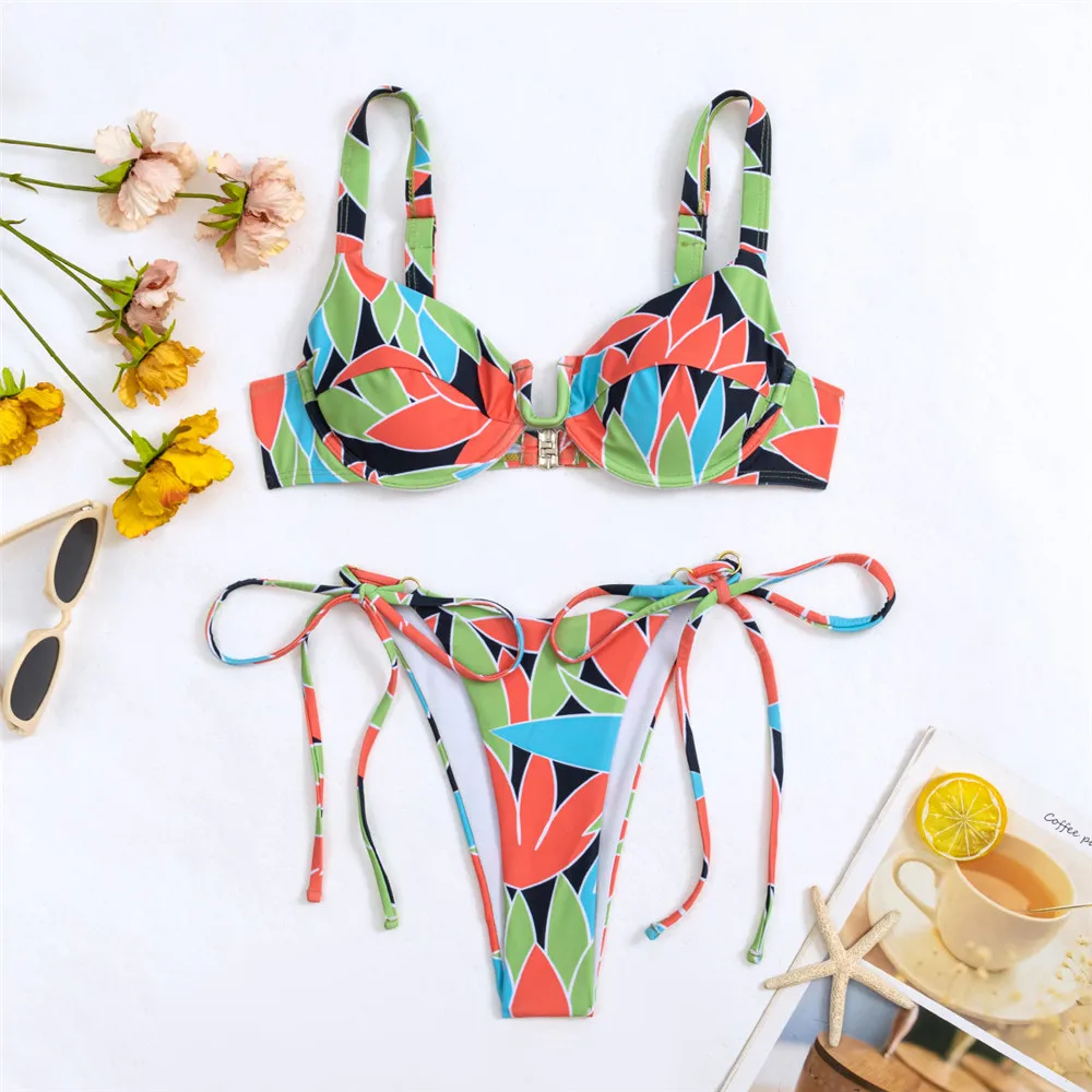 Bikini Set Sexy Color Leaf Print Swimwear Push Up Micro Thong Women String Lace-up Swimsuit Mini Bathing Suit Bikini 2024 Mujer