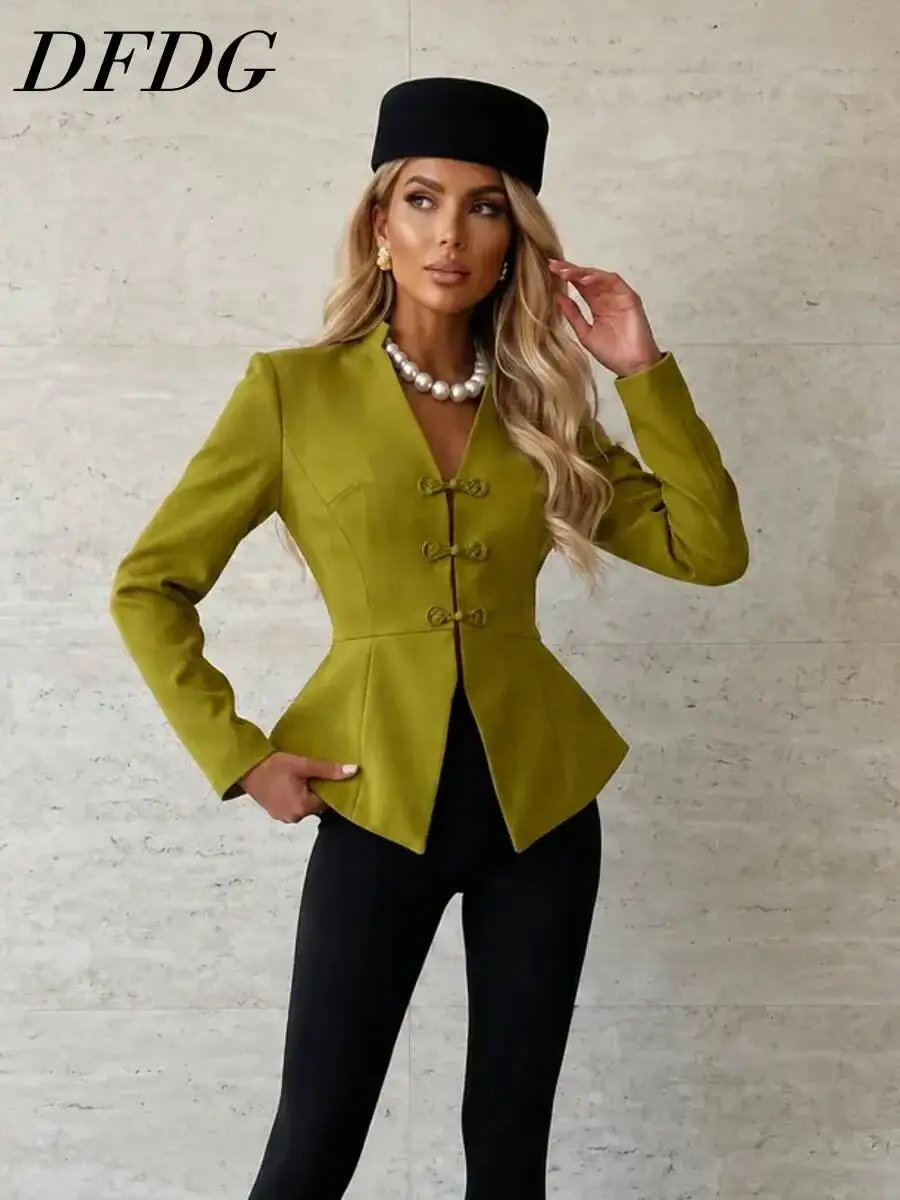 

DFDG Women 2026 Spring Summer Chinese Style Blazer V Neck Frog Button Fitted Waist Peplum Hem Long Sleeve Office Short Jacket