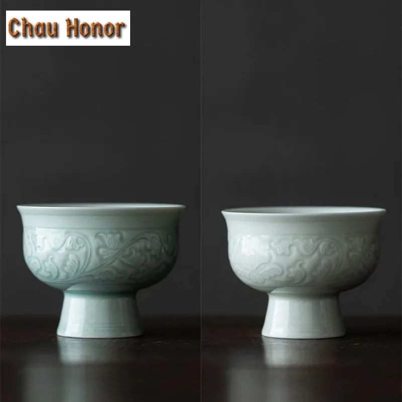 

100ml Chinese High-end Embossed Celadon Teacup Kungfu Teaset Ceramic Bowl Handmade Retro Style Cup Tea Ceremony Accessories Gift