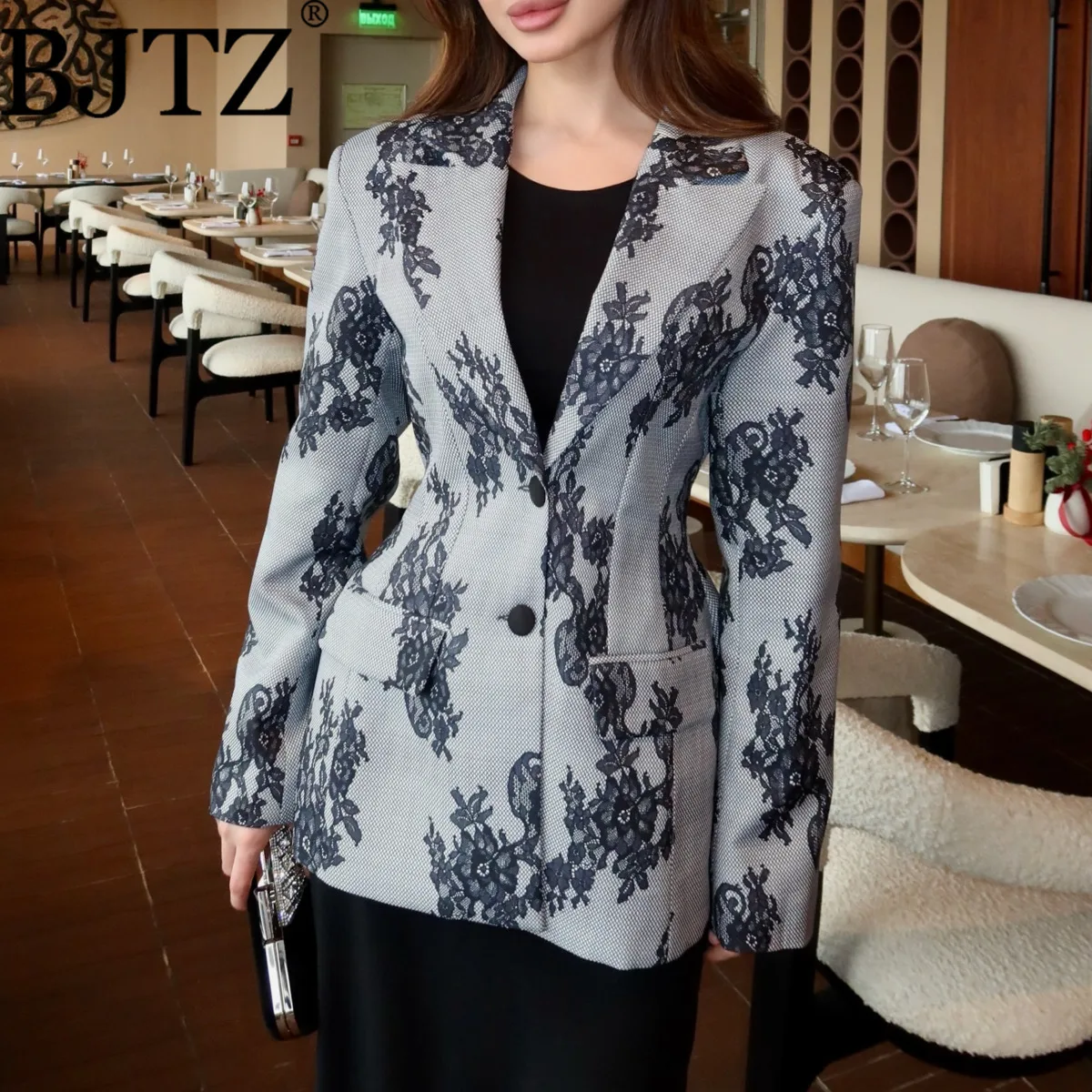 

Женский блейзер BJTZ 2026 весна-осень с принтом, длинным рукавом, приталенный, модный повседневный пиджак, элегантный топ для офиса и улицы