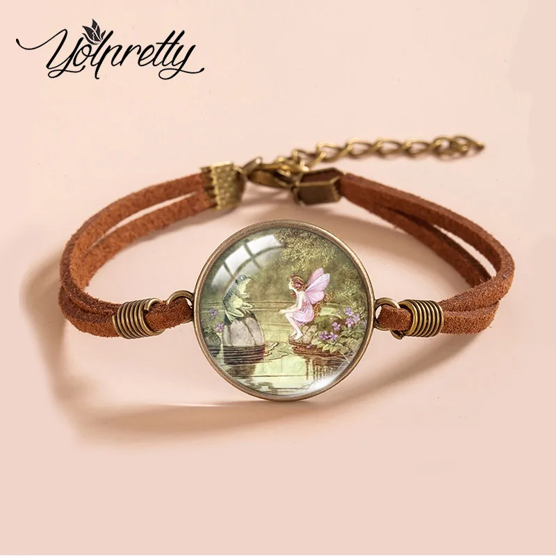 2023 New Arrival Fashion Fairy and Frog Oil Paintings Handcraft Jewelry Glass Dome Leather Bracelets