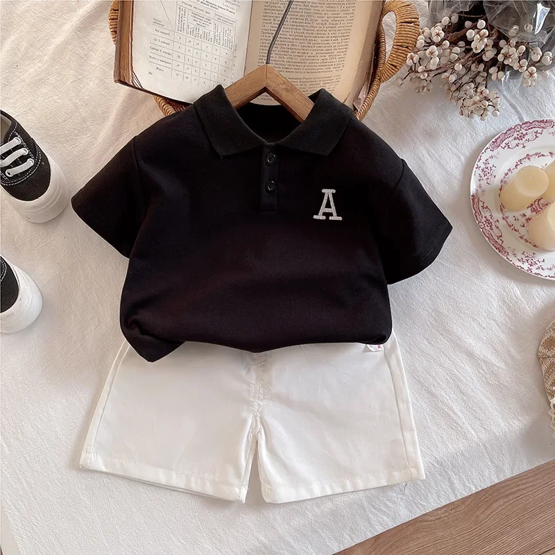 

2Piece Set 2025 Summer Toddler Boy Clothing Korean Fashion Letter Short Sleeve Black Cotton Baby Tops+Shorts Kids Clothes BC2116