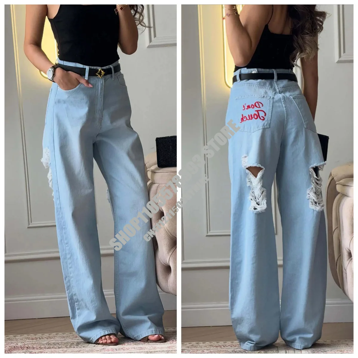

Y2K Women's letter embroidered ripped jeans low-rise straight jeans classic regular fit jeans comfortable stretch retro clothes