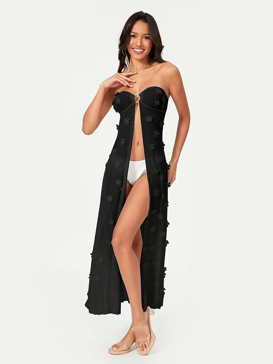 Robe de plage transparente sans bretelles pour femmes, cover-up orné de fleurs, tenue de bain d'été