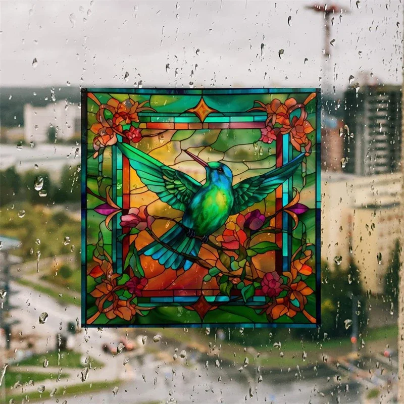 Retro Colorful Stained Hummingbird Butterfly Flower Window Glass Electrostatic Stickers Removable Anti-collision Decorative Film
