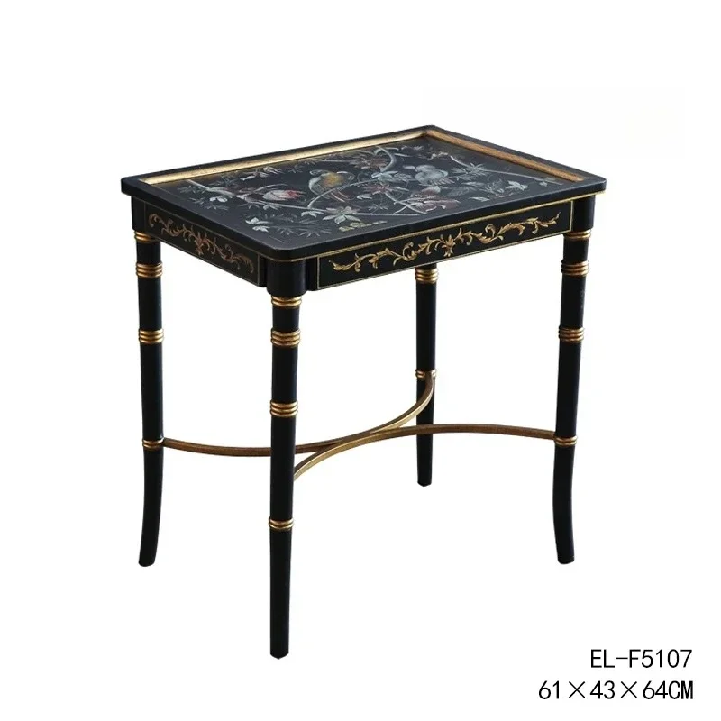 A  American Country Retro Hand-Painted Parrot Flower and Bird Solid Wood Imitation Bamboo Joint Shape Single-Layer Tea Table
