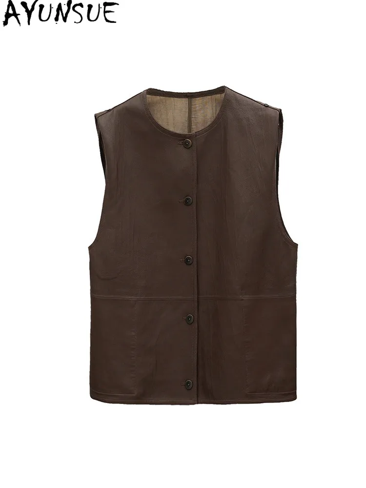 AYUNSUE Real Leather Vest for Women Natural Sheepskin Sleeveless Jacket Spring Autumn Clothes Loose Fit Jaqueta De Couro
