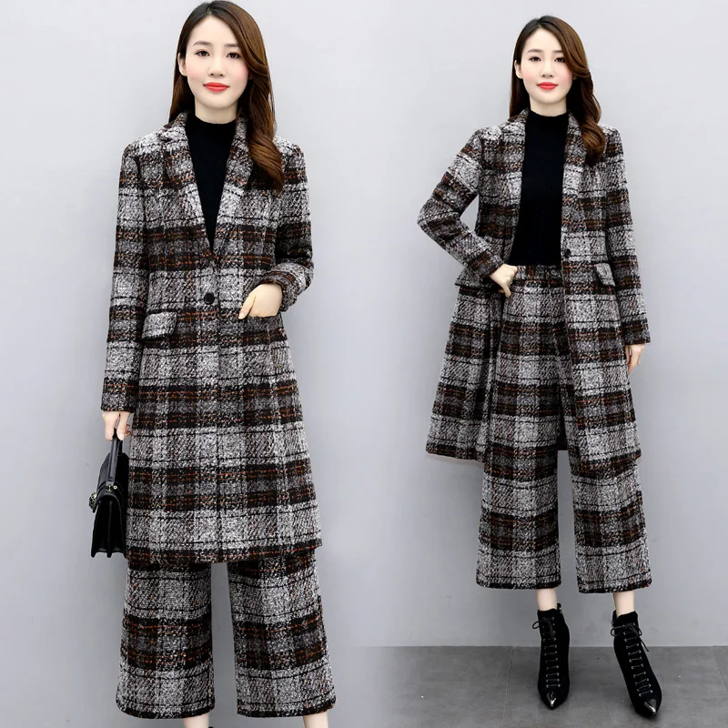 2026 Autumn Winter Plaid Woolen Two-piece Suit Women Casual Office Sets Long Blazer Coat Calf-length Wide-leg Pants 2-piece Sets
