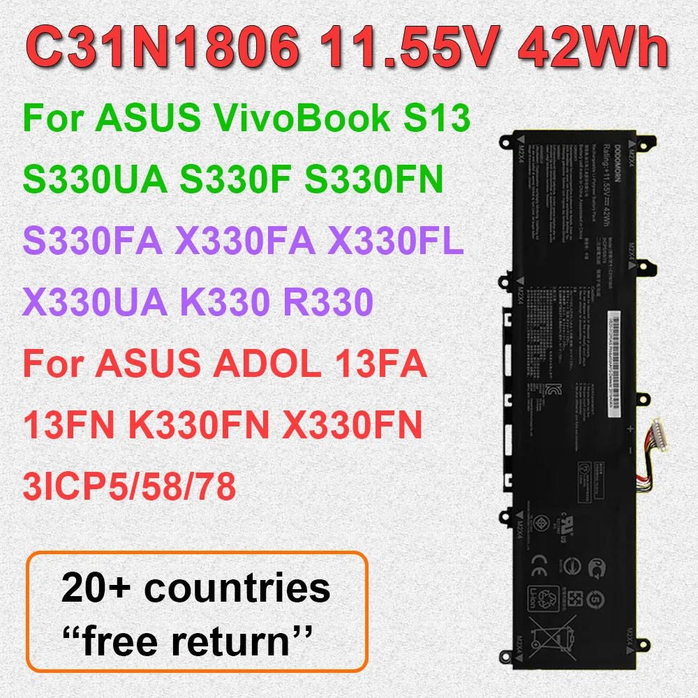 11.55V 42Wh Laptop Battery C31N1806 For ASUS VivoBook S13 S330FA S330FL X330UA X330FA K330FA K330 R330 ADOL 13FA 3ICP5/58/78