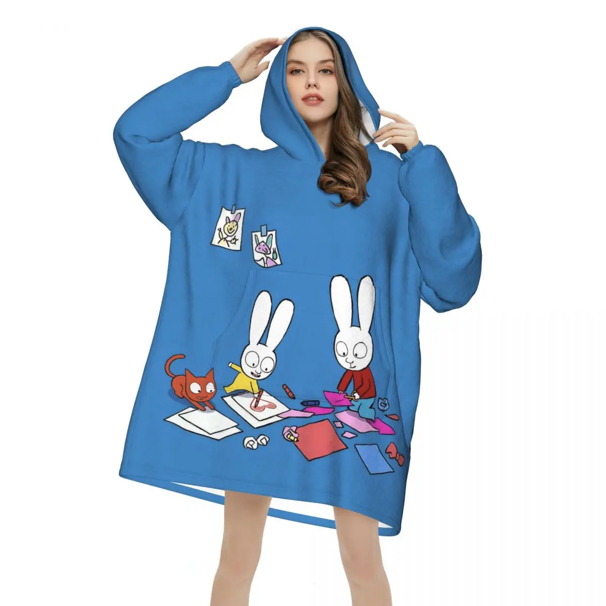Simon Super Rabbit Oversized Blanket Hoodie Sweatshirt Long Fleece Hooded Wearable Blanket with Large Pocket for Women Men
