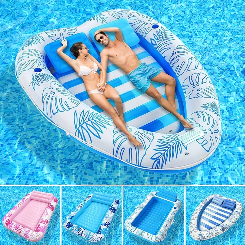 Portable double inflatable floating row outdoor water pool seaside sun bath tanning floating bed