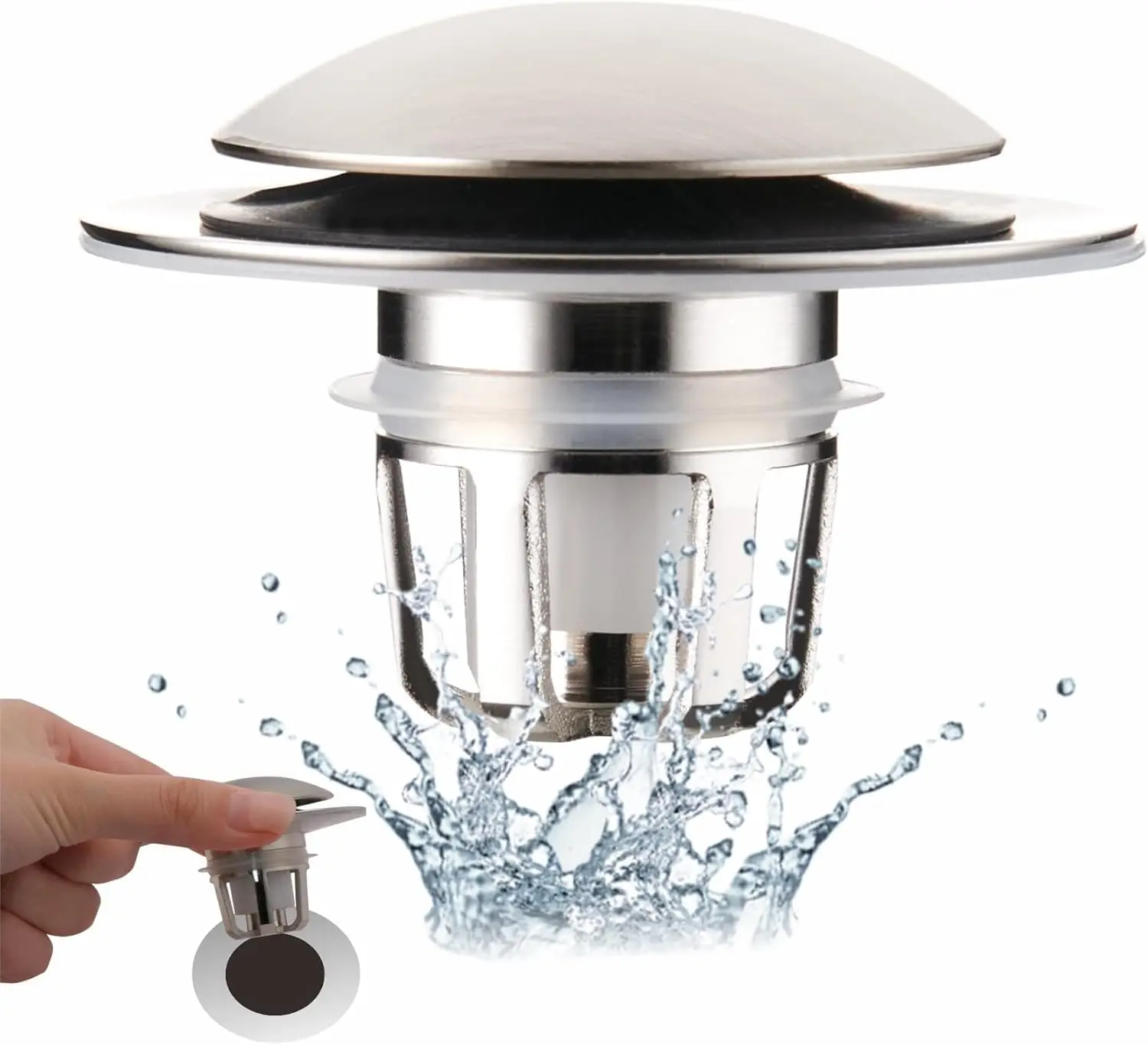 

Universal 2-in-1 Bathroom Sink Drain Stopper with Hair Catcher, Fits 1 1/8" to 1 1/2" Holes, Brushed Nickel Finish