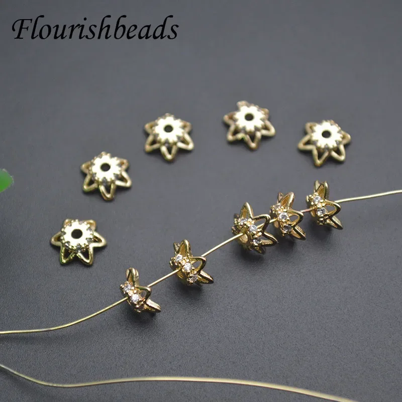 50pcs/lot 7mm Brass Gold Plated Flower Shape Paved CZ Beads Quality Bead Cap Spacer Beads for DIY Jewelry Making Supplies