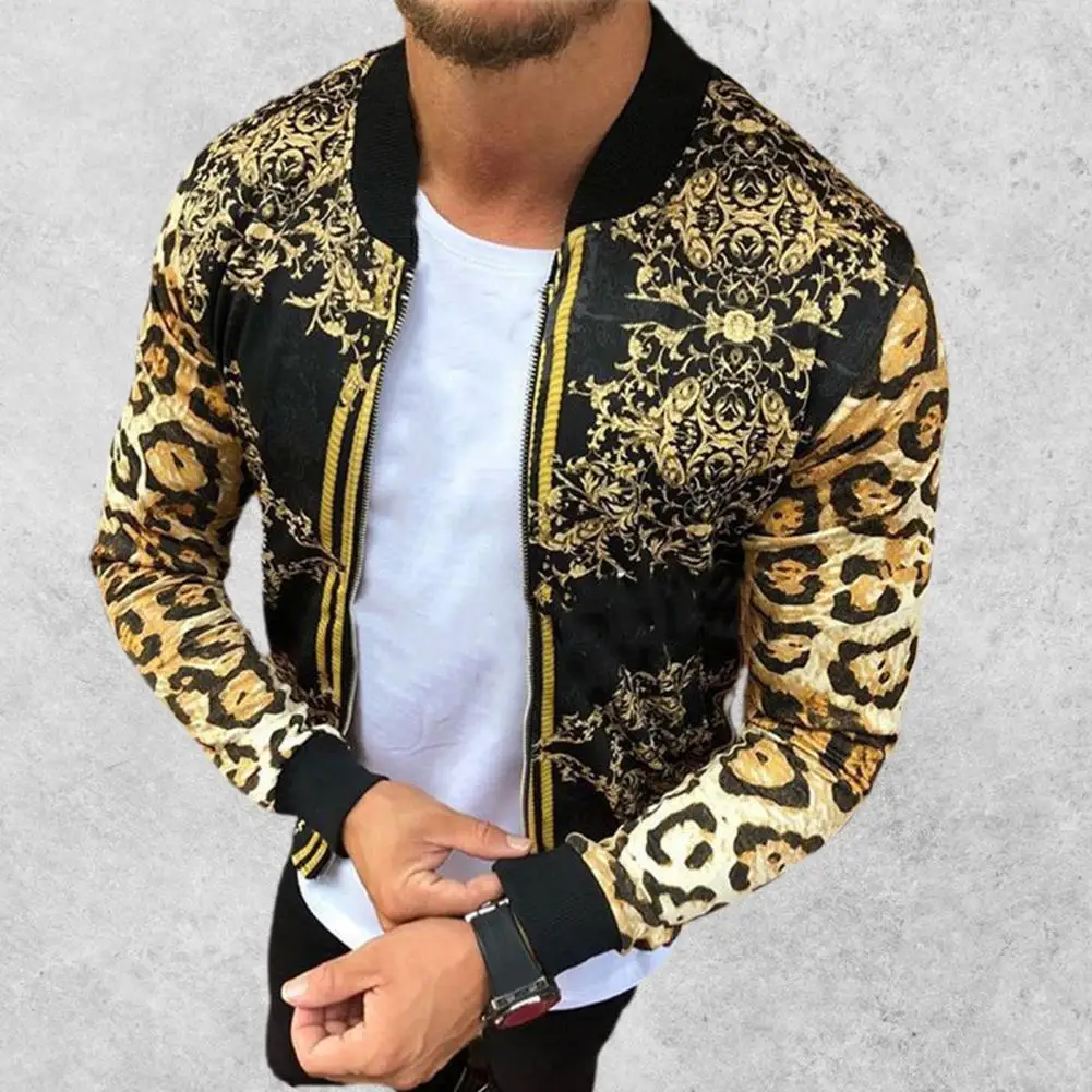 Simple Autumn Coat Vintage Cool Round Neck Long Sleeve Leopard Jacket Stylish Men Coat Tight Wrist