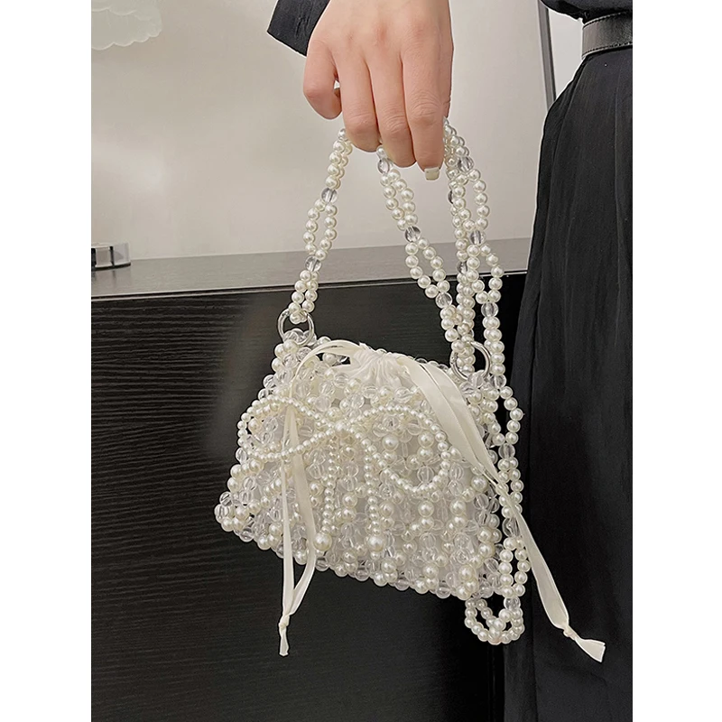 

Сумка кросс-боди Женская с жемчужным бантом, Модный ручной чемоданчик во французском стиле с кружевной шнуровкой и бусинами для путешествий, лето