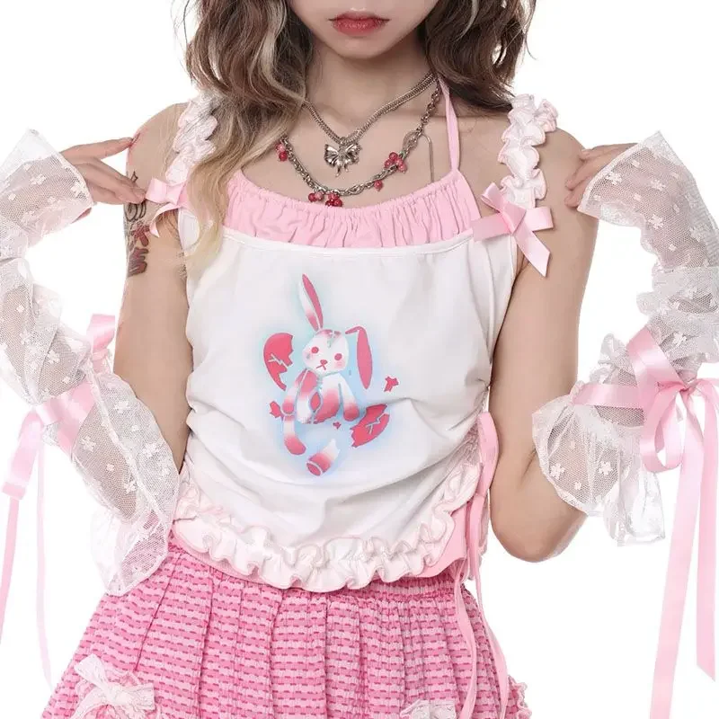 

Japanese Sweet Cool Design Summer Y2k Girl Print Fake Two Piece Camisole Tank Top Women Chic Cartoon Sleeveless T-shirt Cute