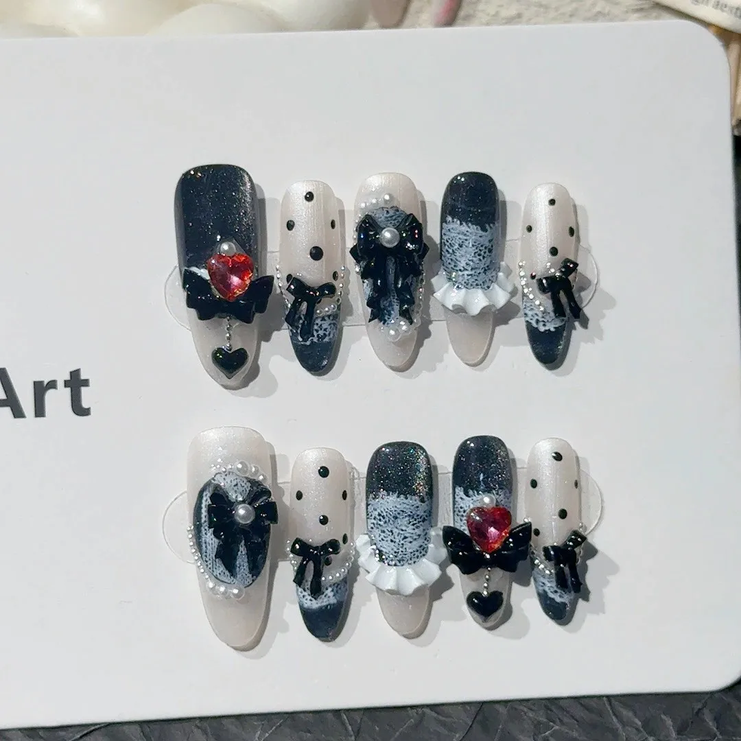 Halloween Black Aurora Cat's Eye False Nails Charming 3D Bow Decor Handmade Press On Nails Long Almond French Fake Nails 10pcs
