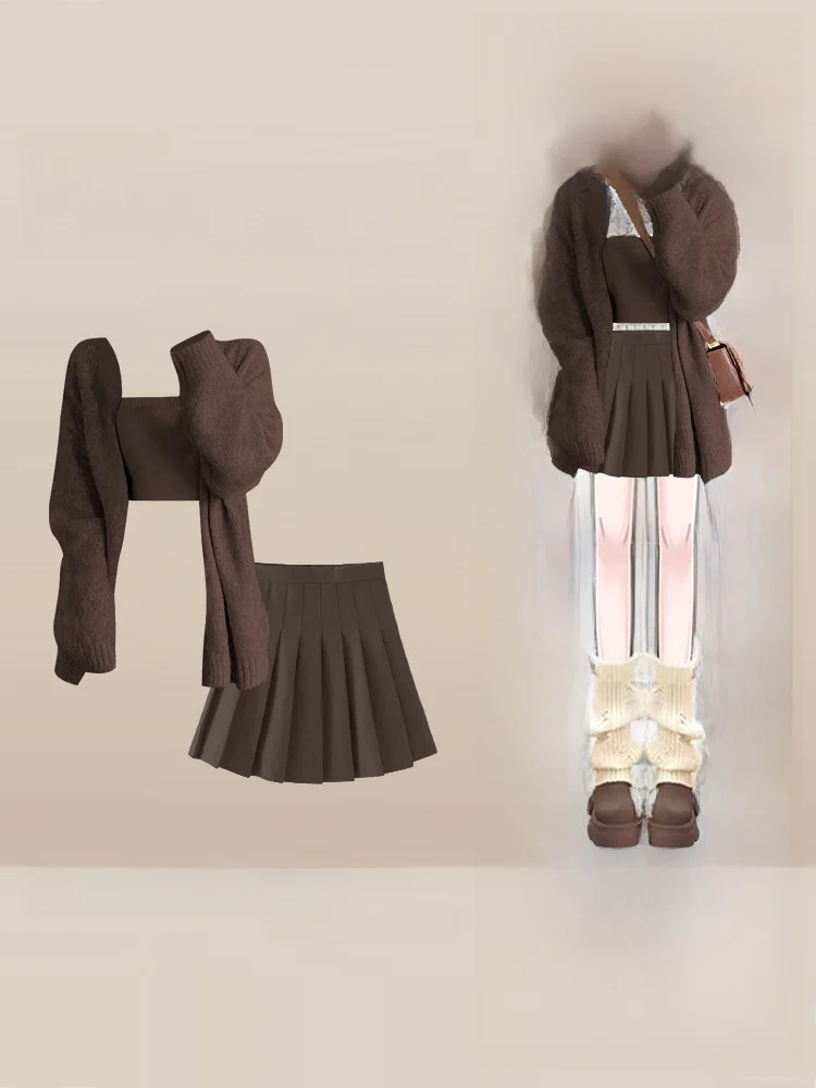 

Autumn Winter Vintage Coffee Color Loose Women's Set ort Skirt Knitted Top And Vest College Sle Faion Ensemble