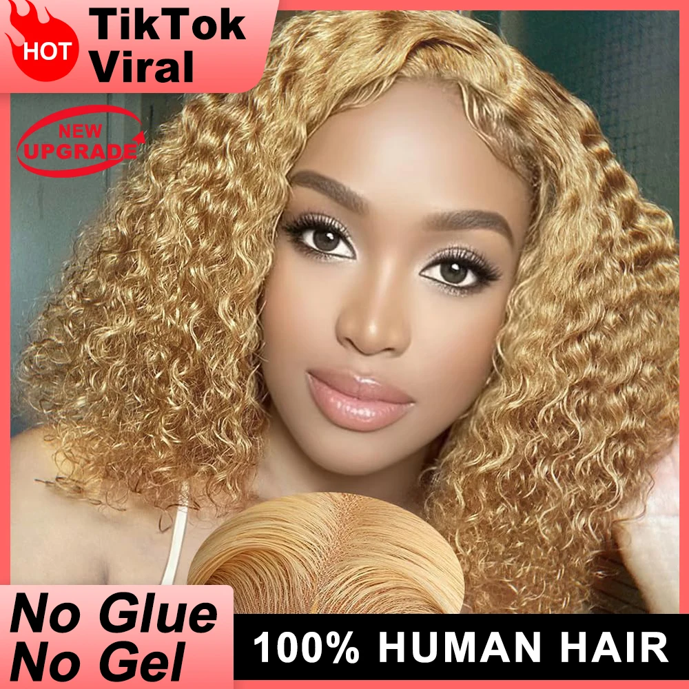 

FABA Glueless Honey Blonde Curly Bob Wave Wigs Human Hair 9x6 HD Lace Front Wigs Wear and Go Short Wave Bob Wigs Human Hair