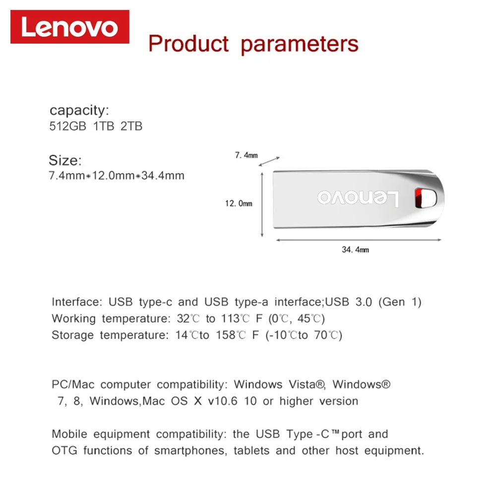 Lenovo flash drives 2tb usb 3.0 mini de alta velocidade metal pendrive 1tb 512gb vara portátil unidade à prova dwaterproof água memoria