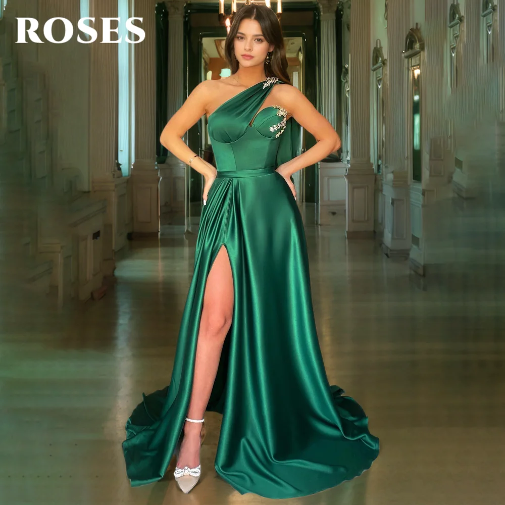 

ROSES Green Elegant Prom Dresses Sweetheart One Shoulder Prom Gown with Beadwork Satin Side High Split Formal Gown Customized