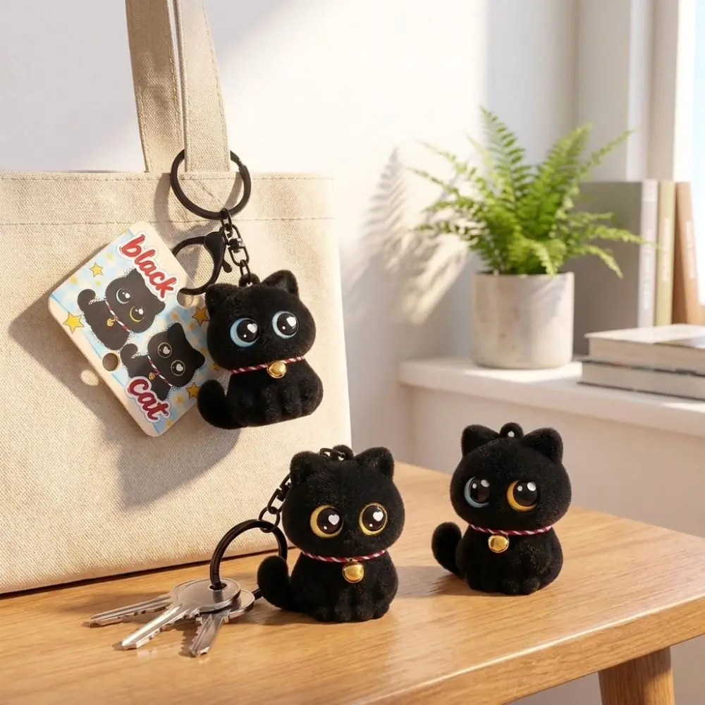 Funny Cartoon Animals Flocking Black Cat Keychain Small with Bell Collar Cat Key Ring Cool Cat Bag Charm Holiday