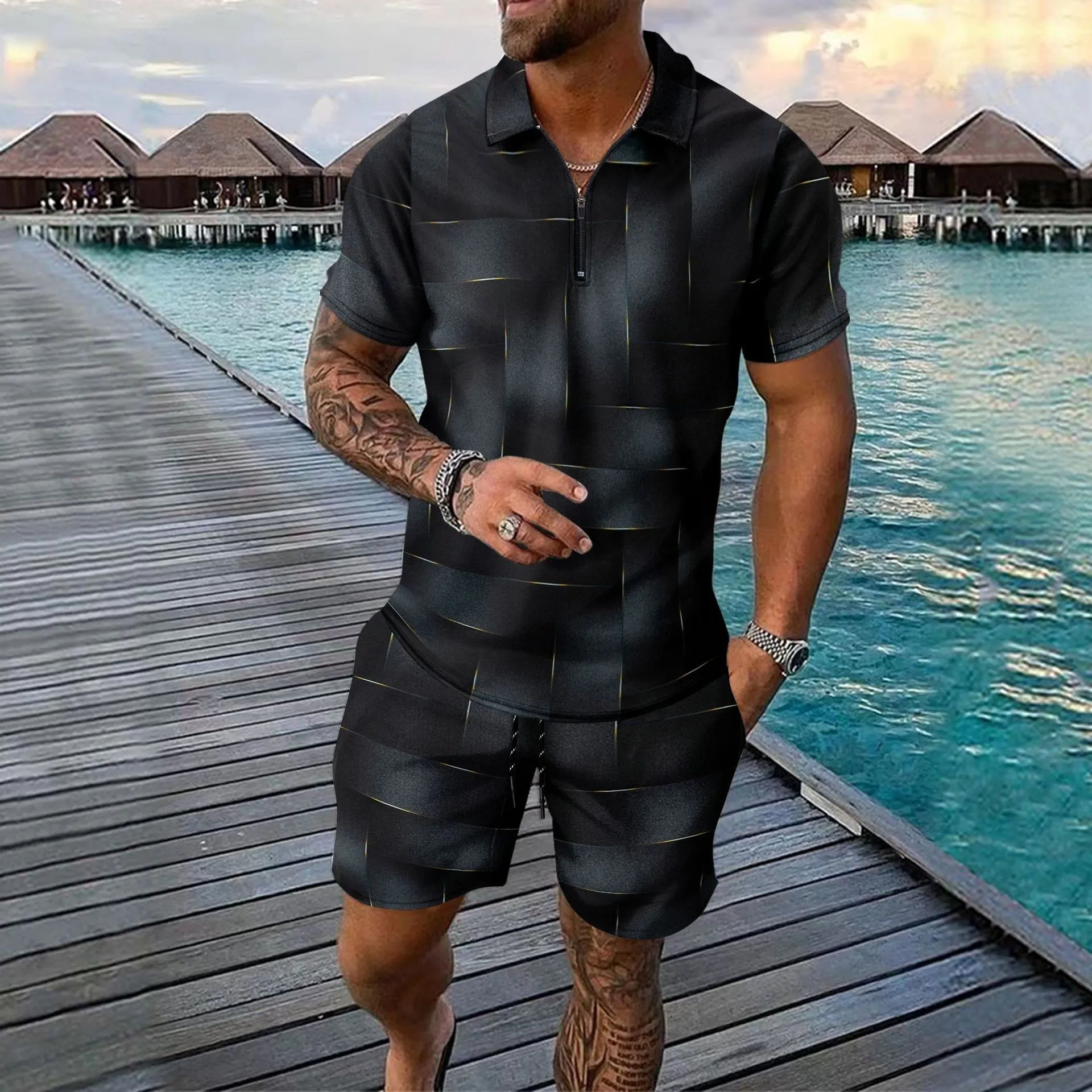 2024 Cross-border Amazon digital printed zipper Short sleeve shorts men's suit Summer luxury casual suit