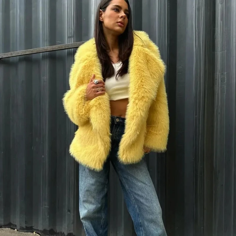 TARUXY Open Collar Faux Fur Thicken Jacket Women's Fashion Loose Long Sleeves Elegant Outwear 2025 Winter New Commuting Coat