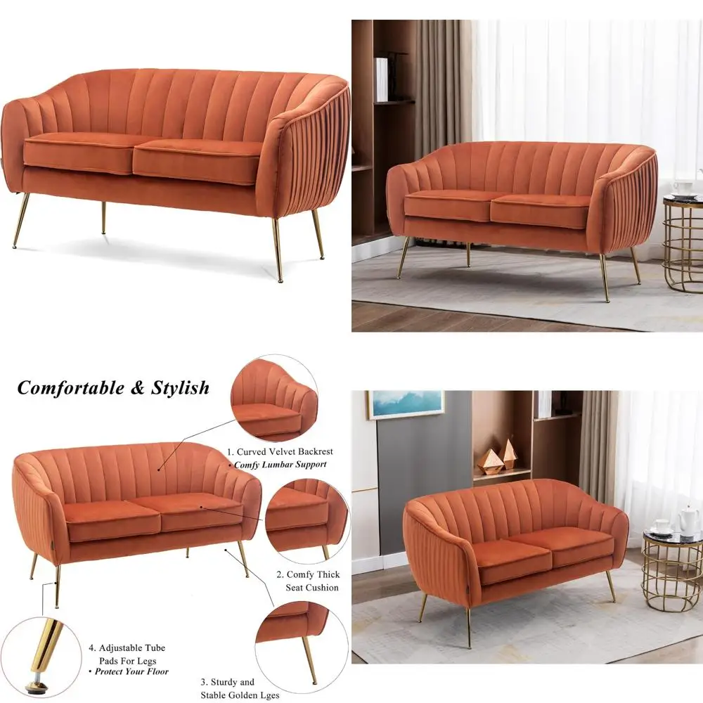 

Contemporary Velvet Tub Barrel Loveseat Sofa with Tufted Upholstery and Golden Metal Legs, Club Style Two-Seat Couch
