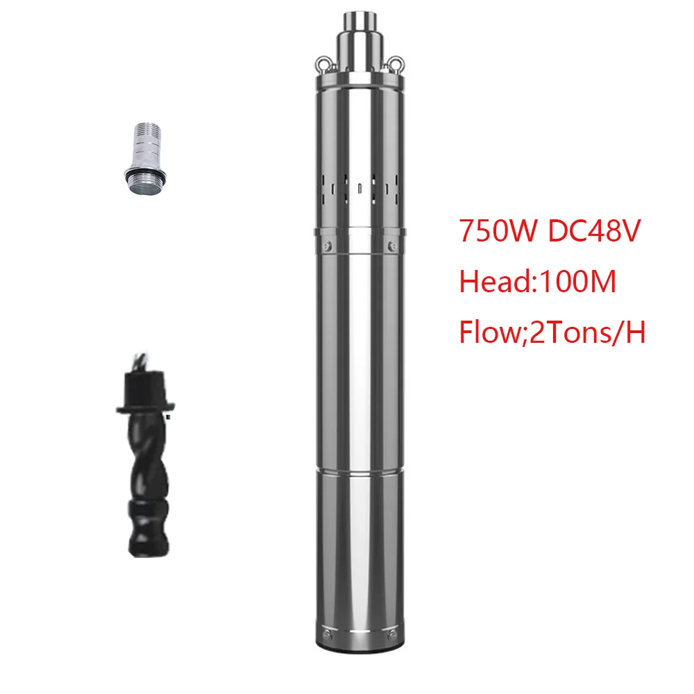 3Inch 750W 1Horse Solar DC Deep Well Pump Max Head 100M Max Flow 2000L/H Solar Stainless Steel Brushless Submersible Pump