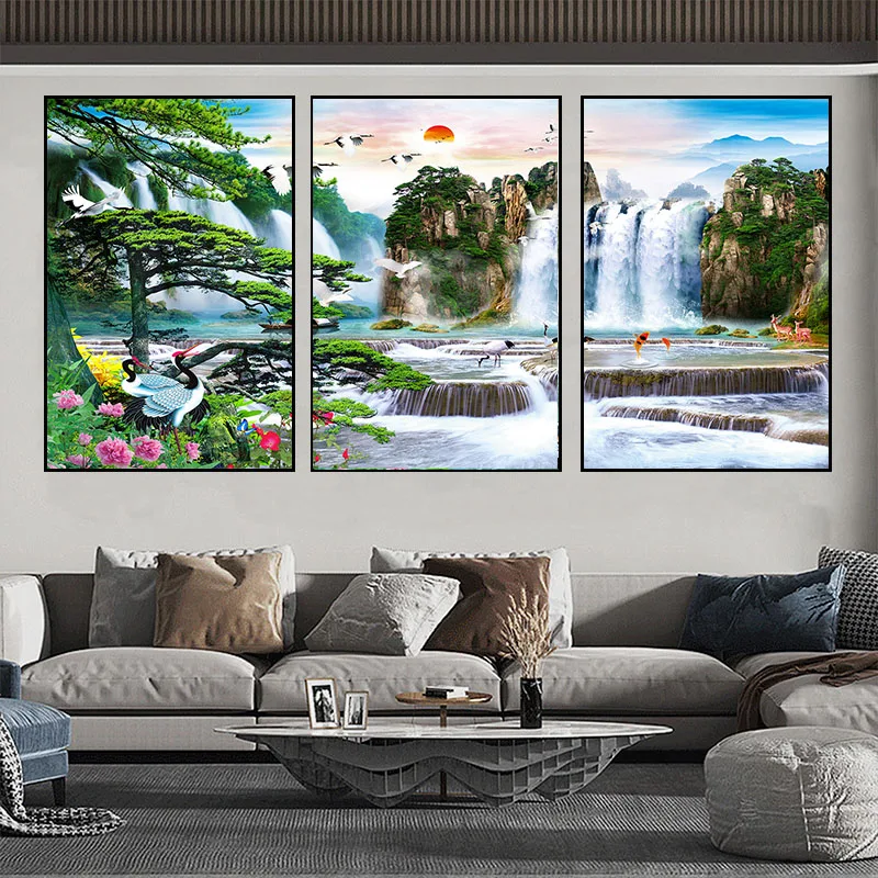 Waterfall Lotus Crane Sunset Landscape Poster and Print Chinese Style Canvas Painting for Living Room Home Decor No Frame