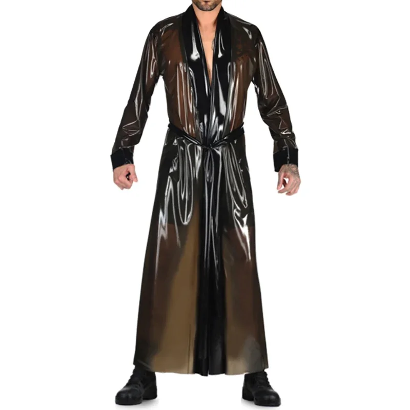 

Transparent Brown And Black Long Loose Sexy Latex Night Robe Shawl Collar Belt Rubber Kimono Bath Wrap Garment Coat Jacket