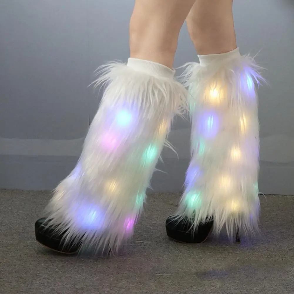 Imitation Fur Leg Warmers For Women Neon Rave Led Fluffy 80s Sexy Furry Light Up Leggings Girls Boot Calf Covers Christmas Costu