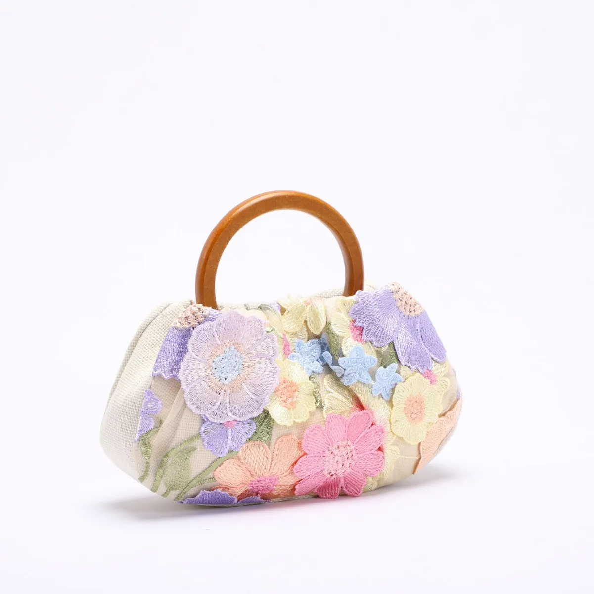 Women's Colorful Flowers Decoration Round Wooden Handle Bamboo Bag Applique Embroidery Vacation Pearl Sequin Evening Clutch