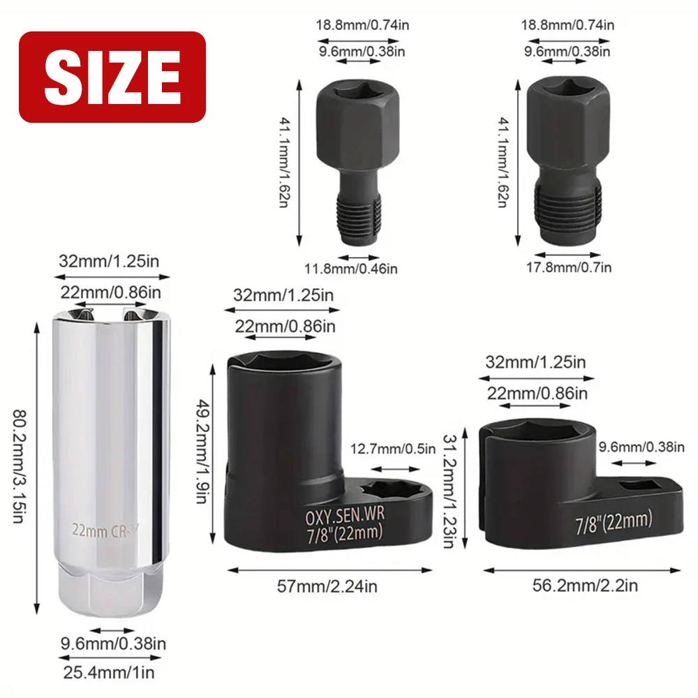 Conjunto de chave de soquete para sensor de oxigênio automotivo de 5 peças, 7/8 "(22mm), unidade de 1/2" e 3/8", ferramenta de acabamento de rosca de sensor de oxigênio