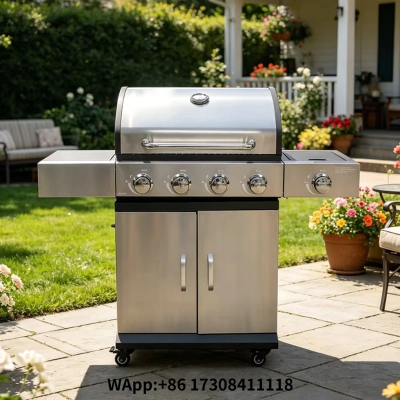 Modern Heavy Duty Stainless Steel 4+1 Burner BBQ Gas Grill with Side Burner Trolley Flame Safety Device-Outdoor Backyard Cooking