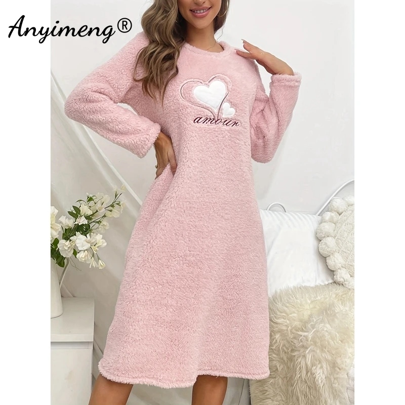 Flannel Night Gown for Women Winter Long Sleeves Heart Print Nightgowns Woman Soft Sleepshirt Pink Pullover Pajama Dress
