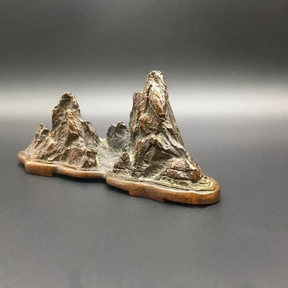 Antique Solid Brass Mini Rockery Statue Carved Bonsai Mountain Desk Decor Tea Pet Home Office Gift