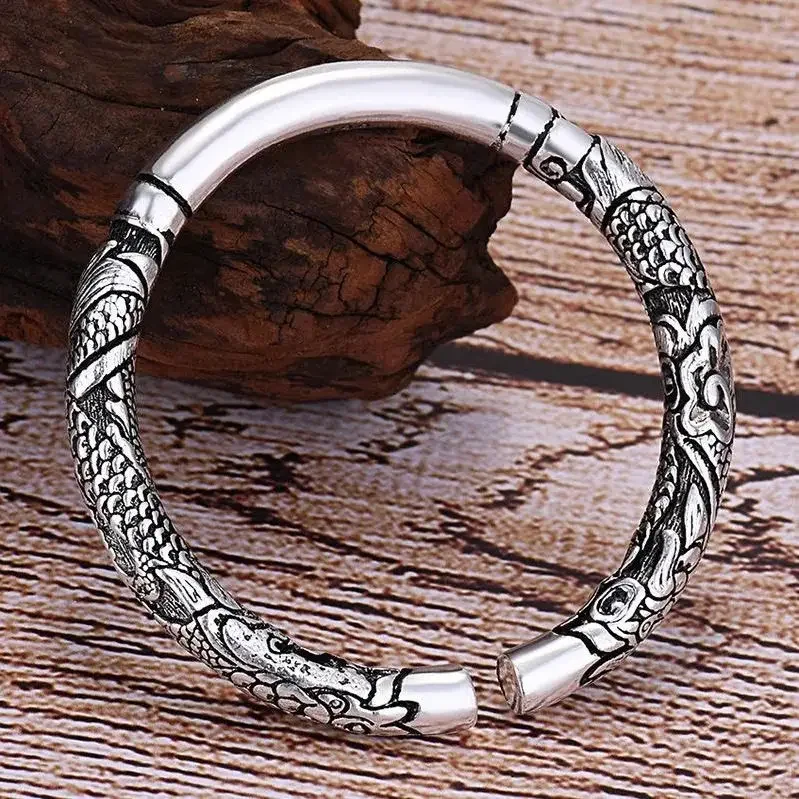 Solid Double Dragon Hold Column Embossed Dragon Pattern Bracelet Xiangyun Domineering Retro Opening Bracelet for Men and Women