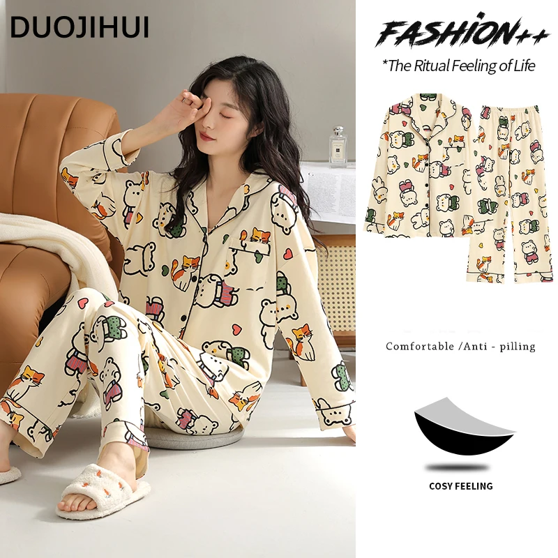 DUOJIHUI Fashion with Chest Pad Casual Pajamas for Women Autumn Chic Button Cardigan Basic Loose Pant Simple Female Pajamas Set