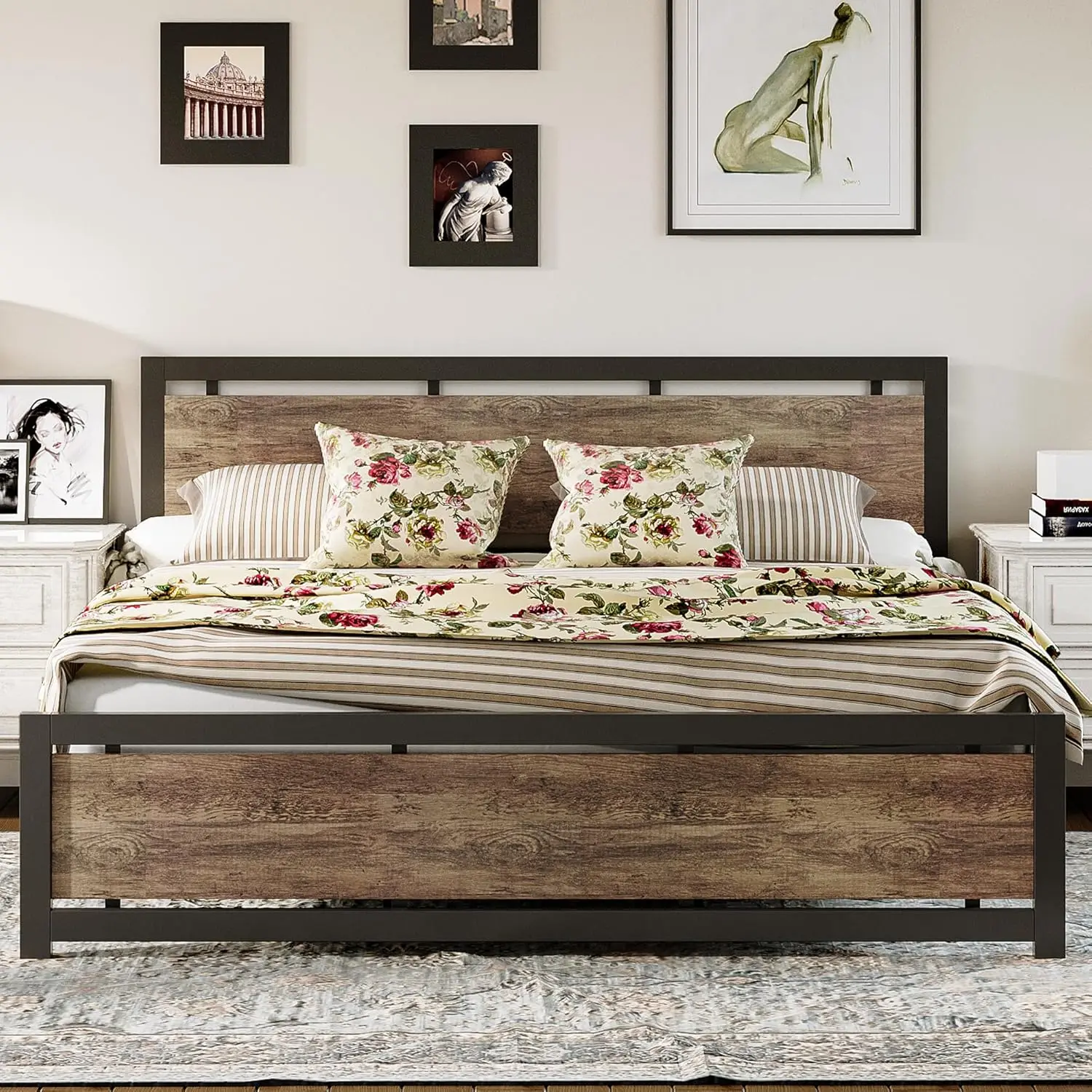 King Bed Frame with Headboard and Footboard, Metal Supports, Easy Assembly, Noise-Free, No Box Spring Needed, Walnut