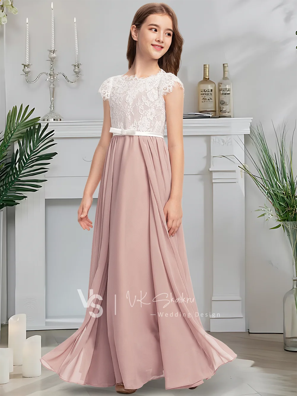 Элегантное шифоновое кружевное атласное платье трапециевидной формы длиной до пола с бантом. Красивое платье с цветочным узором для девочек на свадьбу.