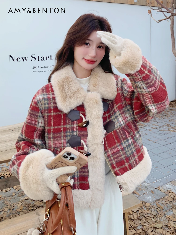 

2025 Winter New Hot Sale Christmas Red Lapel Plaid Duffle Coat Women's Short Loose Casual Fleece-Lined Jacket