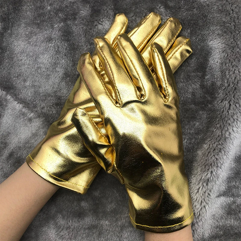 Guantes cortos de charol, manoplas de etiqueta para actuación en boda, Halloween, dedos completos, negro brillante, Cosplay